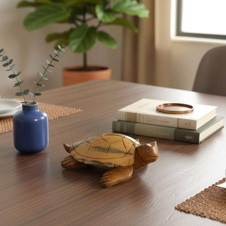 Hand-Carved Wooden Turtle Figurine – Coastal Decor, Nautical Animal Gift, Ocean-Inspired Accent