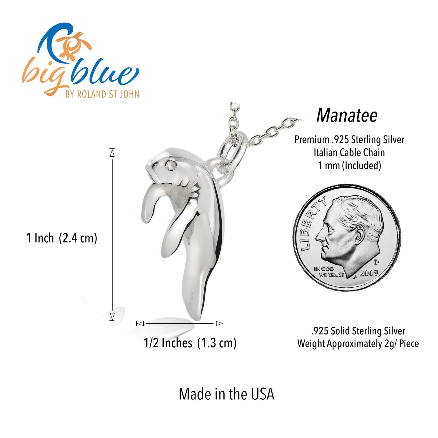 Manatee Necklace - Mini Sterling Collection - Sterling Silver on Cable Chain